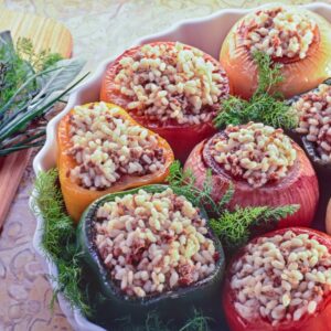 POMODORI, PEPERONI, CIPOLLE RIPIENE AL FORNO