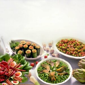 PISELLI E CARCIOFI, FAVE AL PROSCIUTTO, ZUCCHINE FARCITE, INSALATA FANTASIA - S 81880 - 9638