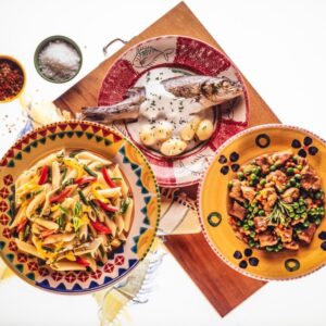 MENÙ PENNE AGLI ORTAGGI, BRANZINO ALLA PANNA, SPEZZATINO E PISELLI - 3690