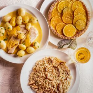 CROSTATA ALLE ARANCE, FILETTI DI BRANZINO ALLA CURCUMA, RISOTTO CON PORCINI - 7121