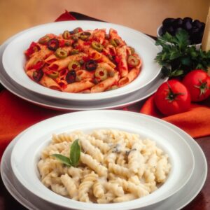 FUSILLI AL GORGONZOLA E SALVIA, PENNE CON POMODORO E OLIVE - 7274