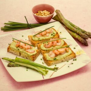 BUSCHETTE CON SALSA DI ASPARAGI E GAMBERI