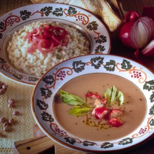 RISOTTO AL PARMIGIANO CON CIPOLLE ROSSE ALL'ACETO E VELLUTATA DI BORLOTTI CON GAMBERONI E PROSCIUTTO CRUDO - 9819