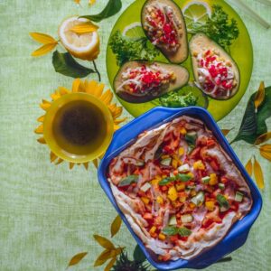 PANE CARASAU CON ORTAGGI PECORINO E AVOCADOS FARCITI ALLA POLPA DI GRANCHIO - 9828