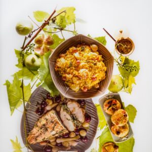 CODA DI ROSPO CON UVA CIPOLLOTTI E RISOTTO ZAFFERANO UVA E PANINI FICHI CIPOLLA PANCETTA - 9831