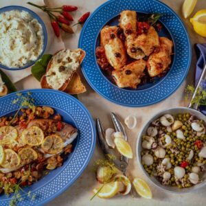 TAVOLATA MENÙ DI PESCE -  BACCALÀ MANTECATO AI CAPPERI, INVOLTINI DI PESCE SPADA, CALAMRETTI AI PISELLI - 3044