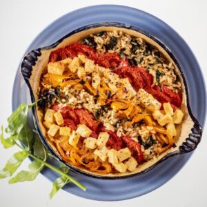 RISO INTEGRALE AL FORNO CON PEPERONI, FORMAGGIO, POMODORI - 4049