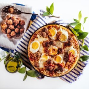 PIROFILA DI RISO CON POMODORO UOVA SCAMORZA E POLPETTE - 4151