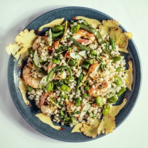 ORZOTTO CON GAMBERI ZENZERO FAVE ASPARAGI E FAGIOLINI - 4185