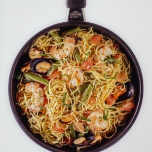 Padella di spaghetti fagiolini cozze e gamberoni - 6301