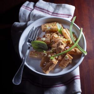PACCHERI E RIGATONI AL PESTO ROSSO CON MANDORLE NOCCIOLE E CIPOLLOTTI - 9982