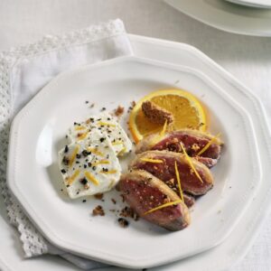 PETTI DOCA CON ROBIOLA ALLARANCIA E BATTUTO DI PEPE E AMARETTO - 4292