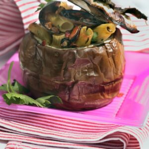MELANZANA RIPIENA AL FORNO CON MACCHERONI AGLIO PREZZEMOLO COZZE E POMODORO - 5114