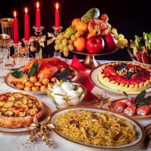 TAGLIOLINI AL TARTUFO, INSALATA VARIOPINTA, TORTA DI NOCCIOLE, INVOLTINI DI SALMONE, SFORMATO DI ZUCCHINE, ANATRA ALLE CASTAGNE, SOERBETTO ALLE MELE VERDI - S254910 - 2651