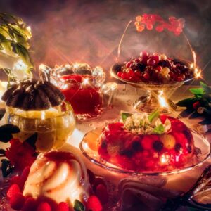 CONFETTURA DI UVA SPINA, ASPIC DI FRUTTI DI BOSCO, BAVARESECON SALSA DI LAMPONI, FRUTTI GLASSATI - S 129930 - 9071