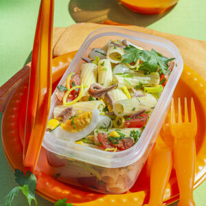 PICNIC - TORTIGLIONI CON UOVA SODE PREZZEMOLO CIPOLLINE POMODORINI ACCIUGHE MAIS PORRI - 4738