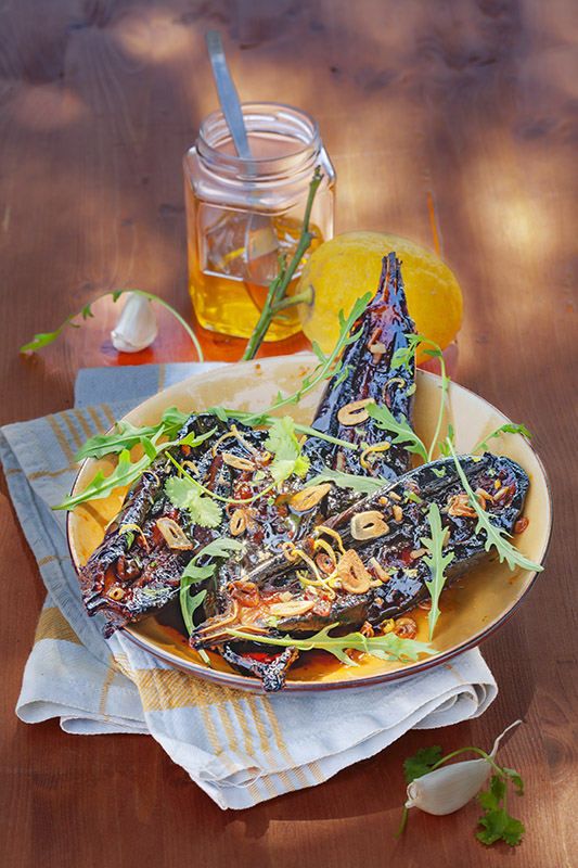 MELANZANE GRIGLIATE AL MIELE E SPEZIE CON CUMINO HARISSA MIELE ZENZERO AGLIO OLIO LIMONE - 0208