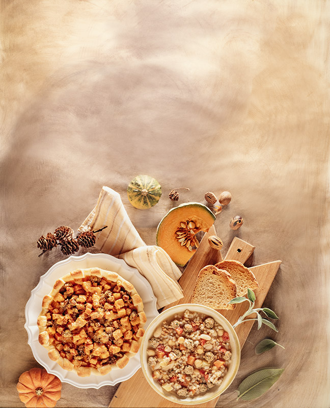 TORTA SALATA CON ZUCCA E PROSCIUTTO COTTO, ZUPPA CON ZUCCA, RISO, ORZO E POLPETTINE - 7308 - immagine 1