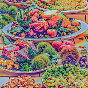 POLLO RIPIENO CON PRUGNE E CASTAGNE, CONIGLIO RIPIENO CON CASTAGNE PREZZEMOLO RICCIO PANGRATTATO E SCALOGNI, SFORMATO DI CASTAGNE SECCHE LATTE CIPOLLE, VERZE ALLE CASTAGNE - 2021