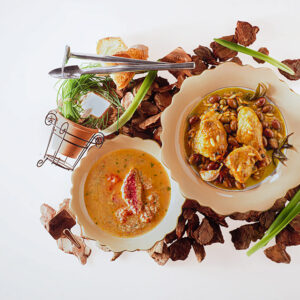 POLLO CON OLIVE TAGGIASCHE PINOLI E AGLIO, ZUPPA CON POLPA DI GRANCHIO E FILETTI DI TRIGLIE - 7313