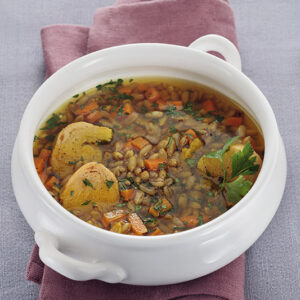 KAMUT IN BRODO ALLO ZAFFERANO ZUCCA PREZZEMOLO E CROSTINI DI PANE - 7361