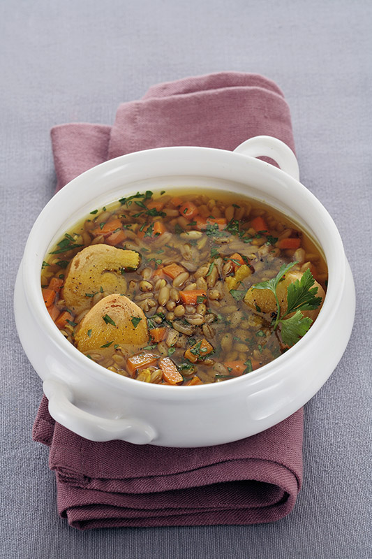 KAMUT IN BRODO ALLO ZAFFERANO ZUCCA PREZZEMOLO E CROSTINI DI PANE - 7361 - immagine 1