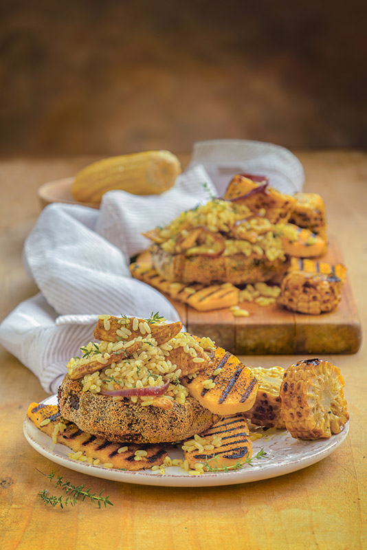 CAPPELLE DI FUNGHI IMPANATI AL FORNO CON POLENTA GRIGLIATA RISO E POLLO AL CURRY - 9286