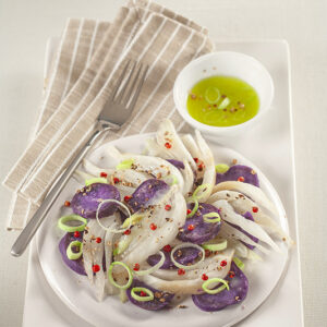 FINOCCHI CON PATATE VIOLA LESSE CON VINAIGRETTE DI  LIMONE OLIO PORRI PEPE PORRI PEPE ROSA CORIANDOLO - 5157