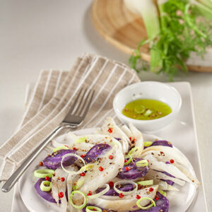 FINOCCHI CON PATATE VIOLA LESSE CON VINAIGRETTE DI  LIMONE OLIO PORRI PEPE PORRI PEPE ROSA CORIANDOLO - 5160