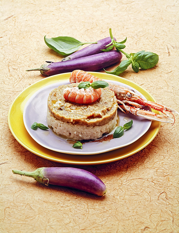 TORTINO DI BACCALÀ, MELANZANE E GAMBERI AL BALSAMICO - 9954 - immagine 1