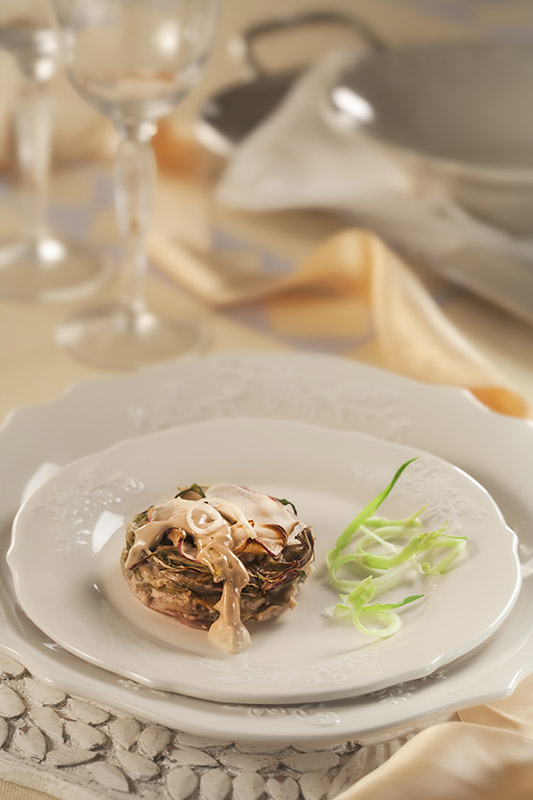 MINI CLAFOUTIS DI PUNTARELLE RAPE SALSA DI ACCIUGHE AGLIO E PANNA - 3808